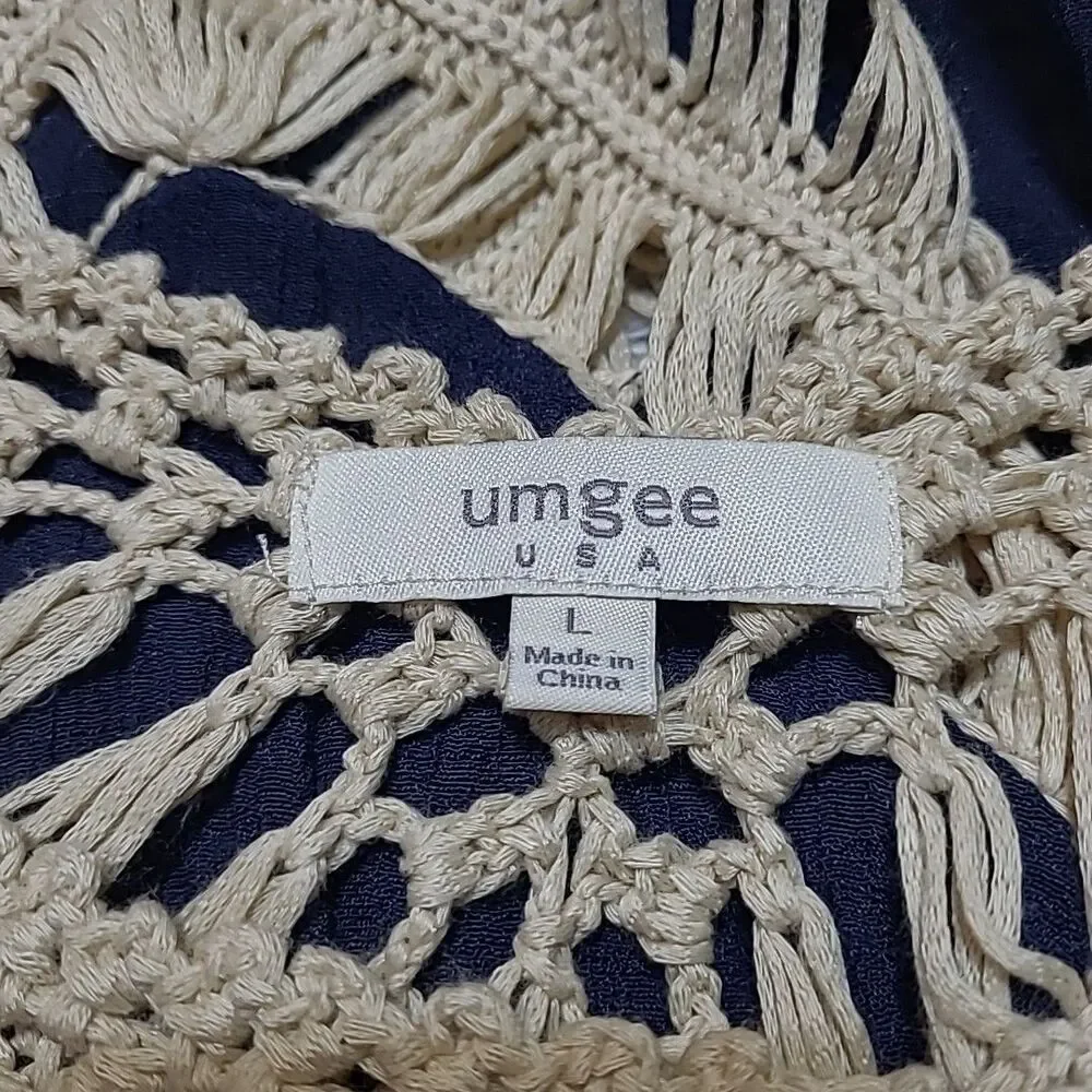 Umgee Navy Blue Beige Crochet Top Size L Boho Hippie Summer Beach Top Cover Up